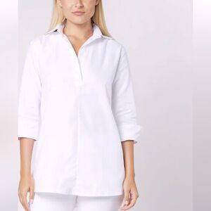 Ann Mashburn White Roxford Tunic 3/4 Sleeve Open Collar Shirt.Woman’s Size Large